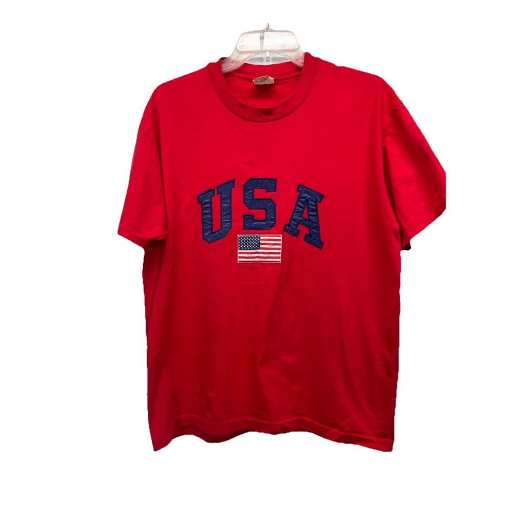 USA Single Stitch T Shirt Tee Large Flag  College Ware Patriotic Vtg 90s Red